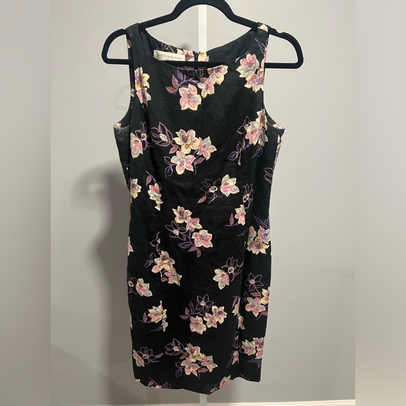 Jones New York 100% Linen Black Floral Boat Neck Sheath Dress Size Medium (8-10) - Picture 1 of 3